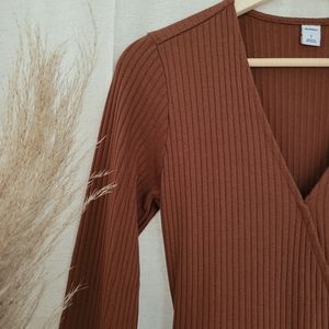 Burnt brown ribbed wrap dress